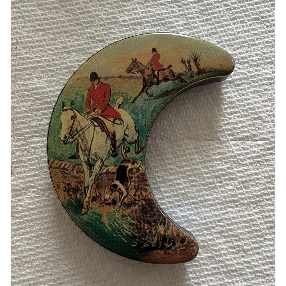 Vtg Lackerli-Huus Crescent Moon‎ Shaped Mint Tin Equestrian Hunt Theme